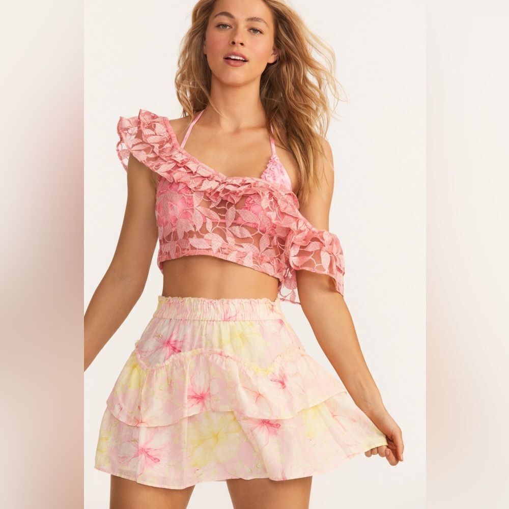 LoveShackFancy Pink & Yellow Tiered Floral Mini Skirt